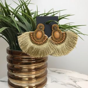 ‼️ Beaded Tan Fan Earrings Thread Tassel Boho Chic